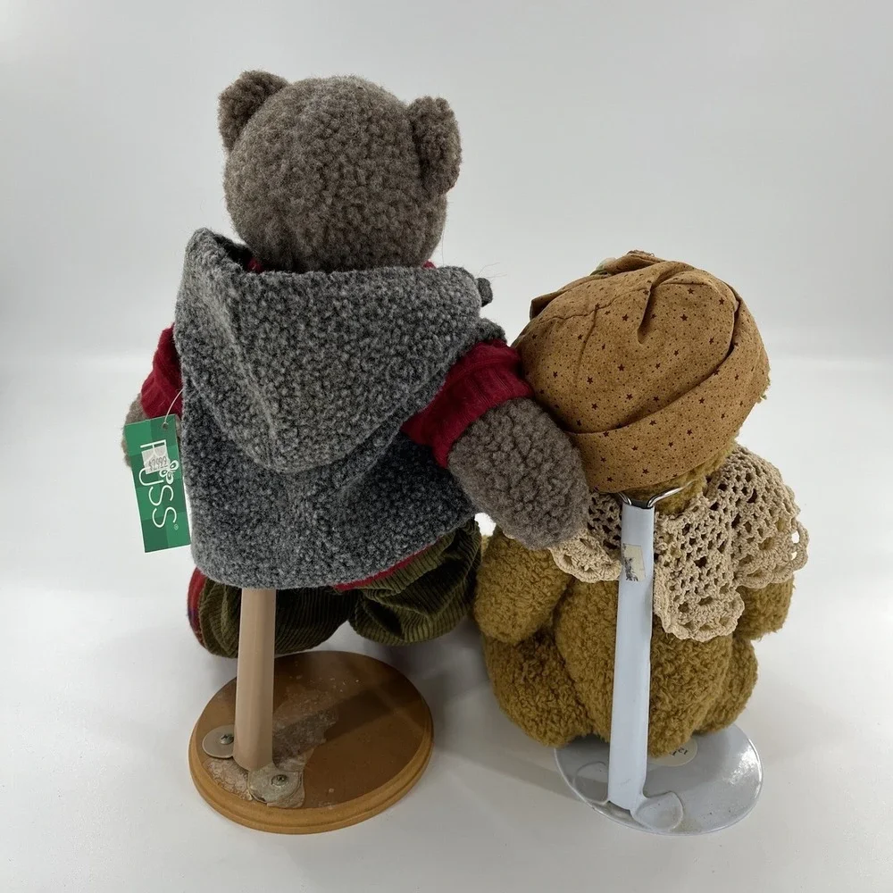 2 Vintage Russ Berrie Jointed Plush Boy Girl‎ Bears Cords Lace Pair Stands 14
